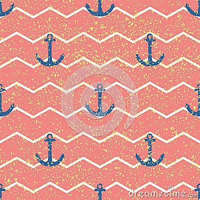 Tile sailor vector pattern with pink and white stripes, golden dust and blue anchor Vector Illustration