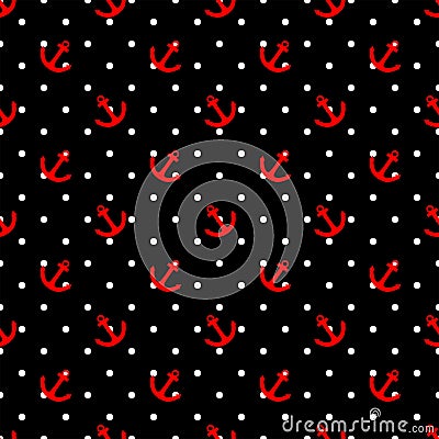 Tile sailor vector pattern with red anchor on black and white polka dots background Vector Illustration