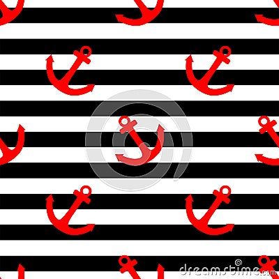 Tile sailor vector pattern with red anchor on black and white stripes background Vector Illustration