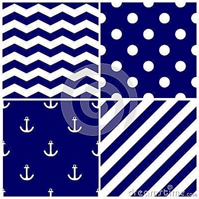 Tile sailor vector pattern set with white anchor, polka dots, zig zag and stripes on navy blue background Vector Illustration