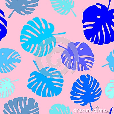 Tile tropical vector pattern with blue exotic leaves on pink background Vector Illustration