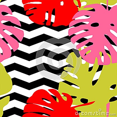 Tile tropical vector pattern with exotic leaves on black and white zig zag background Vector Illustration