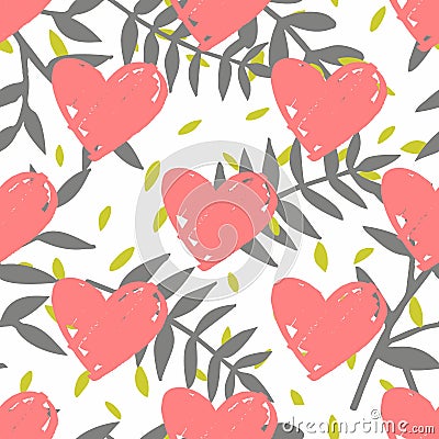 Tile tropical vector pattern with exotic leaves and pink hearts on white background Vector Illustration