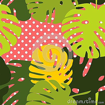 Tile tropical vector pattern with exotic leaves on polka dots pink background Vector Illustration