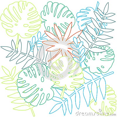 Tile tropical vector pattern with exotic leaves silhouettes on white background Stock Photo