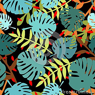 Tile tropical vector pattern with green exotic leaves on black background Vector Illustration