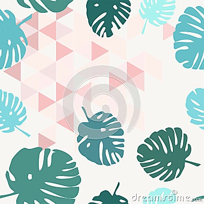 Tile tropical vector pattern with green exotic leaves on grey and pink triangle background Vector Illustration