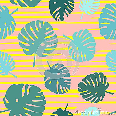 Tile tropical vector pattern with exotic leaves on pink and yellow background Vector Illustration