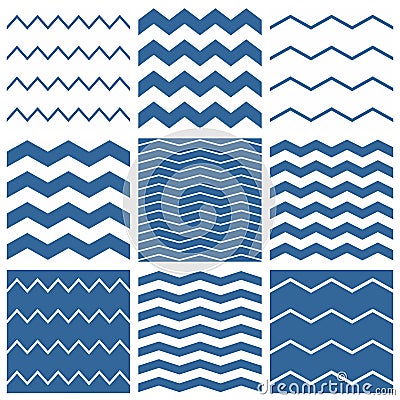 Tile vector chevron pattern set with sailor blue and white zig zag background Vector Illustration