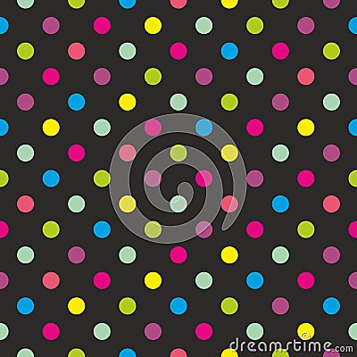 Tile vector pattern with colorful polka dots on black background Vector Illustration