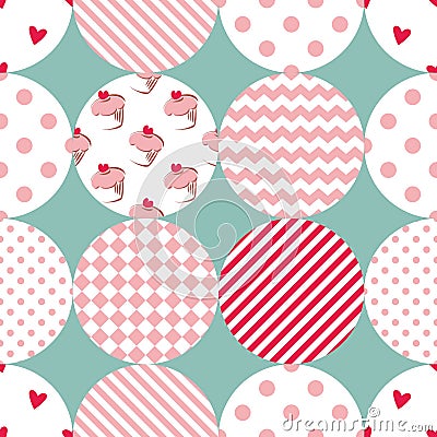 Tile vector pattern with polka dots, plaid and strips on pastel background Vector Illustration