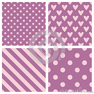 Tile vector pattern set with pink polka dots, hounds tooth, hearts and stripes background Vector Illustration