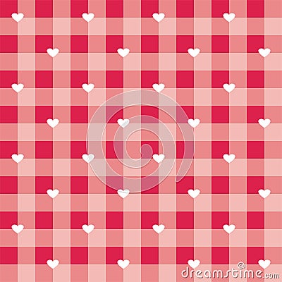 Tile vector pattern with white hearts on red and pink checkered background Vector Illustration