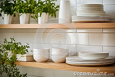 Tiled background and shelves with dishes. Different tableware backdrop. Dishes in cupboard in kitchen. Kitchenware. Kitchen Stock Photo