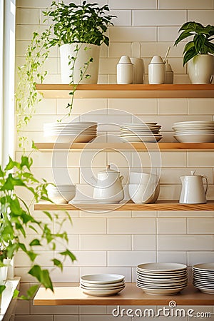 Tiled background and shelves with dishes. Different tableware backdrop. Dishes in cupboard in kitchen. Kitchenware. Kitchen Stock Photo