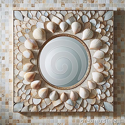 Tiled Capiz Shell Mirror Features a frame made from shimmering c Stock Photo