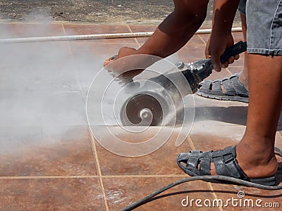 Tiled Pavement Cutting With Power Saw Stock Photo