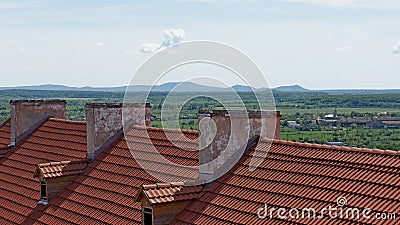 tiled roof and old chimneys part of the castle building on the background of the horizon mountains and lonely clouds Stock Photo