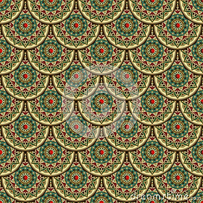 Tiled round 3d mandalas seamless pattern. Vector ornamental surface background. Damask arabesque style repeat backdrop. Deco gold Vector Illustration