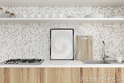 Tiled and wooden kitchen countertop, poster Stock Photo