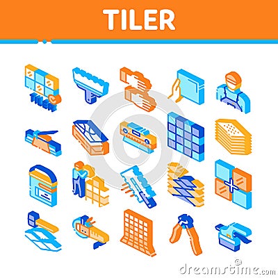 Tiler Work Equipment Isometric Icons Set Vector Vector Illustration