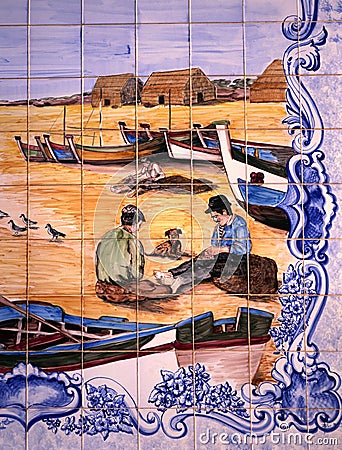 Tiles Azulejos showing fishermen mending their nets Editorial Stock Photo