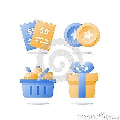 Earn bonus points, till slip and full grocery basket, loyalty program, redeem reward gift, present box, collect tokens Vector Illustration