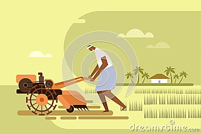 Farmer using power tiller machine to plough the paddy field Vector Illustration