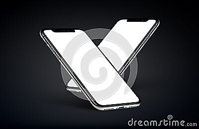 iPhone X. Perspective smartphones mockup front sides with white screen on black background Stock Photo