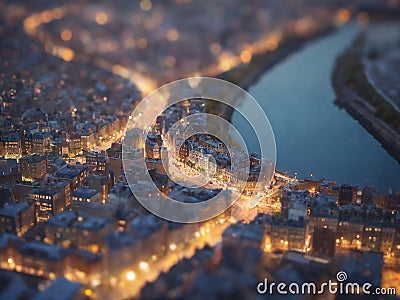 A tilt-shift effect applied to a bustling cityscape at dusk, emphasizing miniature scale with blurred edges, creating a dreamy and Stock Photo