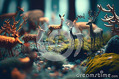 Tilt shift effect. Fantasy forest with cute little deers. Miniature. Generative AI Cartoon Illustration