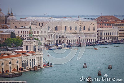 Tilt shift effect of Giudecca Channel and Punta della Dogana, Venice Stock Photo