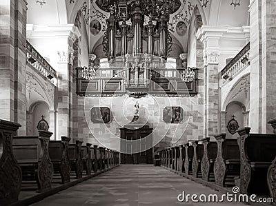 Tilt-shift perspective view inside church Editorial Stock Photo