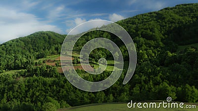 Tilt Shift Photography Green mountainsides with trees Stock Photo