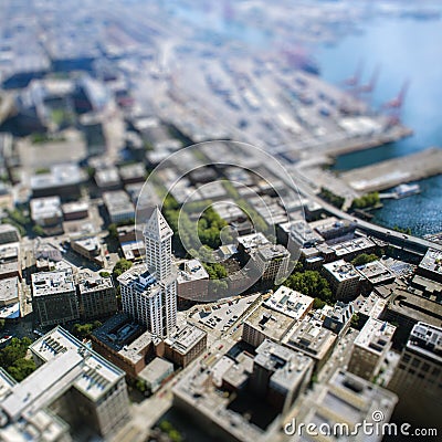 Tilt shift with tall building in Seattle Stock Photo