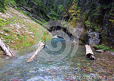 Tilted beds into river in Glacier National Park Stock Photo