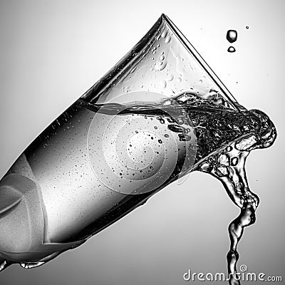 Tilted champagne glass close-up with frozen water jet and splashes in white backlight. Stop motion photography Stock Photo