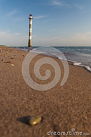 Tilted Kiipsaare lighthouse from beach surface view Stock Photo