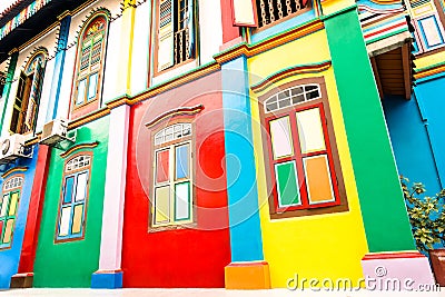 Tilted view of colorful houses in Little India of Singapore Stock Photo