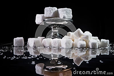 tilted view of a dumbbell with a heap of sugar cubes on a reflective surface Stock Photo