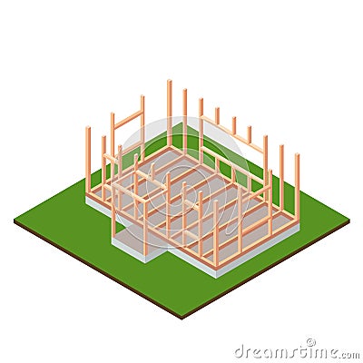 Timber frame house base construction design. Isometric concept. Cartoon Illustration