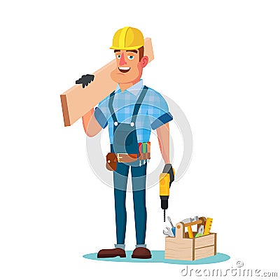 Construction Worker Building Timber Frame Vector. Classic Uniform And Helmet. Wooden Boards. Flat Cartoon Illustration Vector Illustration