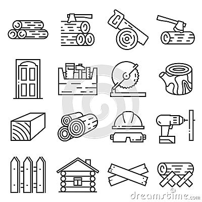 Timber industry icon set. Lline style collection of woodwork tools, carpentry job Stock Photo