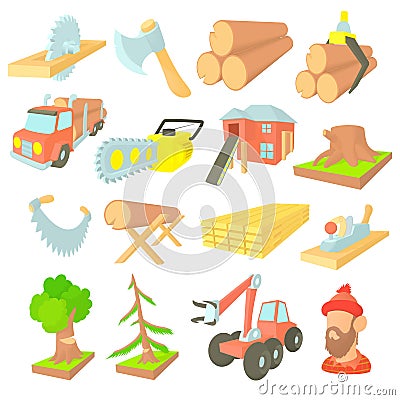Timber industry icons set, cartoon ctyle Vector Illustration