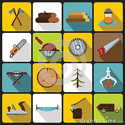 Timber industry icons set, flat style Vector Illustration