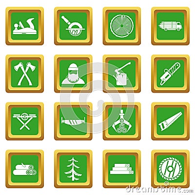 Timber industry icons set green Vector Illustration