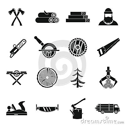 Timber industry icons set, simple style Vector Illustration