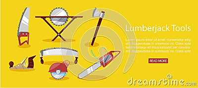 Timber industry vector illustration of lumberjack tools, chainsaw and axe, petrol chain saw web banner. Vector Illustration