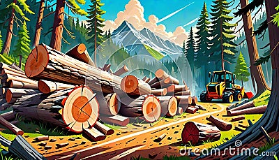 Timber logging work log stack pile forest equipment cartoon Cartoon Illustration