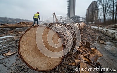 Timber storage: cut trees neatly arranged in sawmill, showcasing process of logging, preparation for transformation into Stock Photo